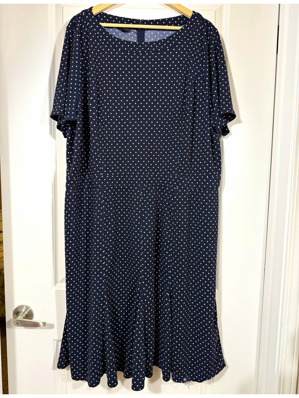 Talbots Woman Navy Polka Dot Fit & Flare Midi Dress 22W Short Sleeve Godet